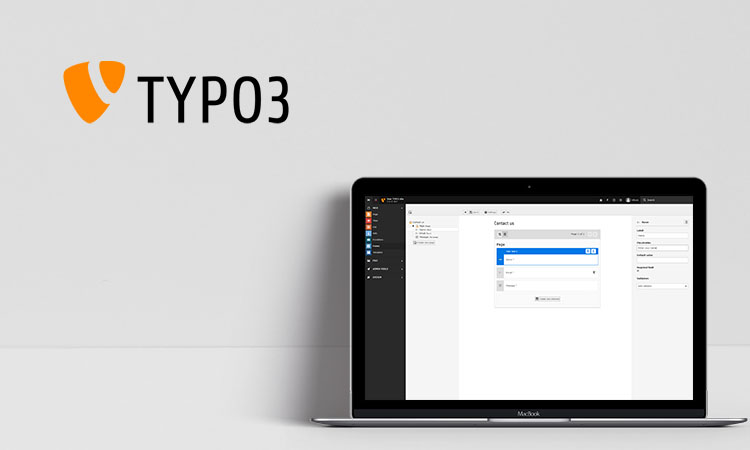 Logo von TYPO3 und beispielhafte Ansicht von TYPO3 Forms auf Desktop