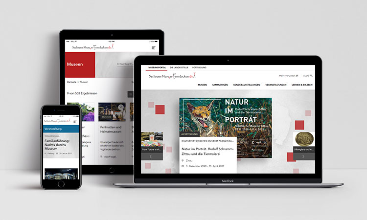 Darstellung der Website der Sächsischen Landesstelle für Museumswesen auf einem Smartphone, Tablet und Laptop