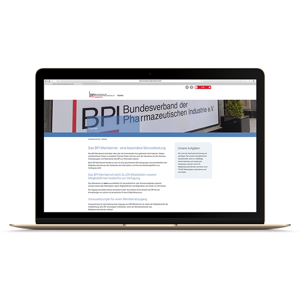 Darstellung der Website des BPI Membernets auf einem Laptop