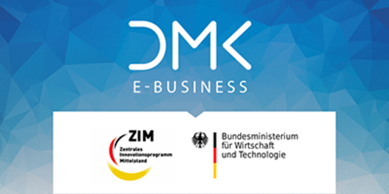 Zu sehen sind die Logos von DMK E-BUSINESS, des Bundesministerium für Wirtschaft und Technologie und das Logo des "Zentrales Innovationsprogramm Mittelstand" ZIM.