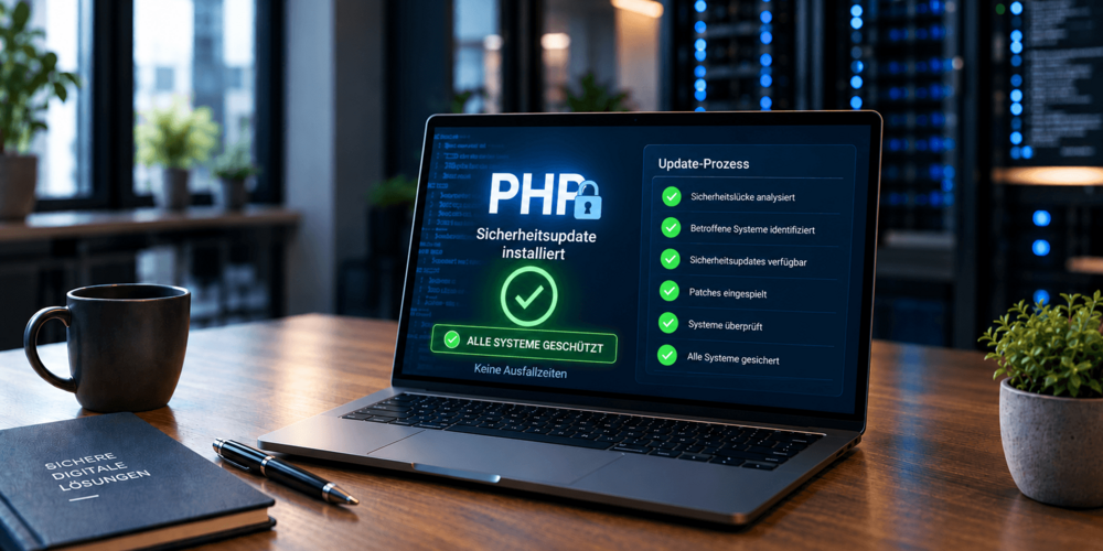 Laptop-Bildschirm, auf dem ein Dashboard zum Status der PHP-Sicherheitsupdates zu sehen ist, mit grünen Häkchen, die anzeigen, dass alle Systeme geschützt sind.