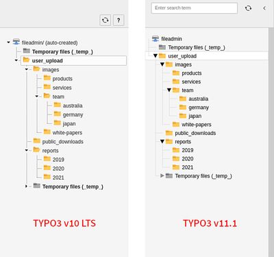 Dateilistenmodul von TYPO3 10 und TYPO3 11 im Vergleich