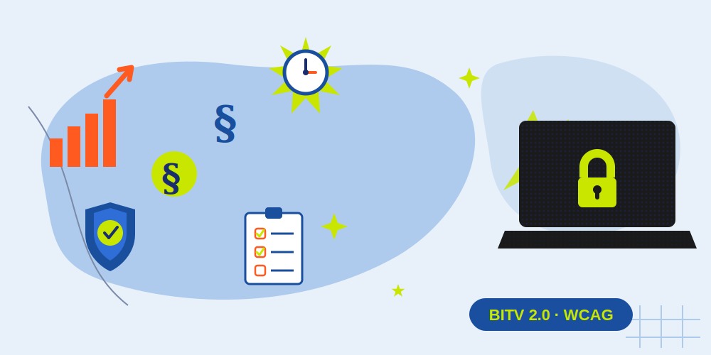 Ein Laptop mit einem Schloss-Symbol auf dem Bildschirm, daneben Symbole, die Wachstum, die Einhaltung gesetzlicher Vorschriften, Zeit und eine Checkliste darstellen, mit der Aufschrift „BITV 2.0 – WCAG“.
